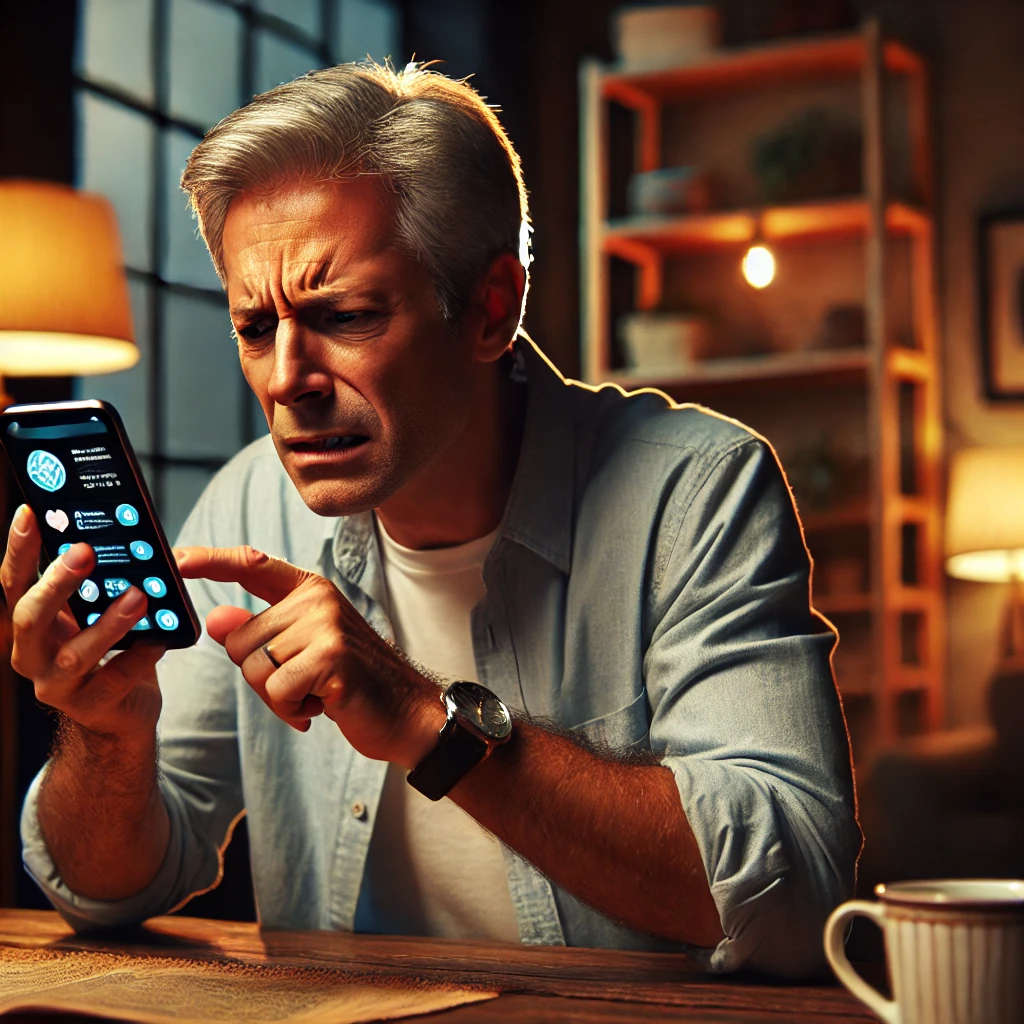 Imagem de um adulto olhando para um smartphone e frustrado com as redes sociais como o instagram
